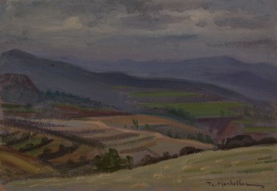 Cyprus Mountains with Rain — Oil painting, Fiberboard, 35.00×50.00cm — Theodoros Markellos